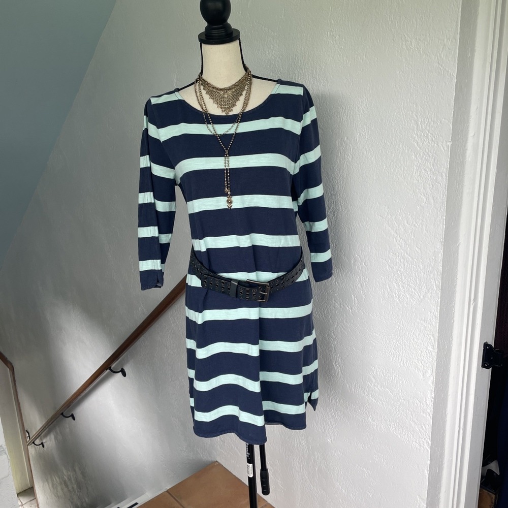 J‎ Crew Navy/ Mint Rugby Preppy Stripe Cotton Tee Dress 3 Quarter Sleeve Large